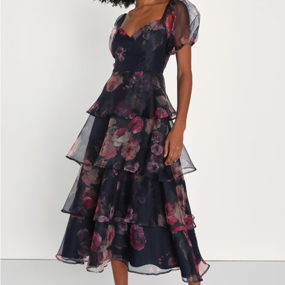 NWT Lulus Oh-So Stunning Navy Blue Floral Organza Tiered Midi Dress size small